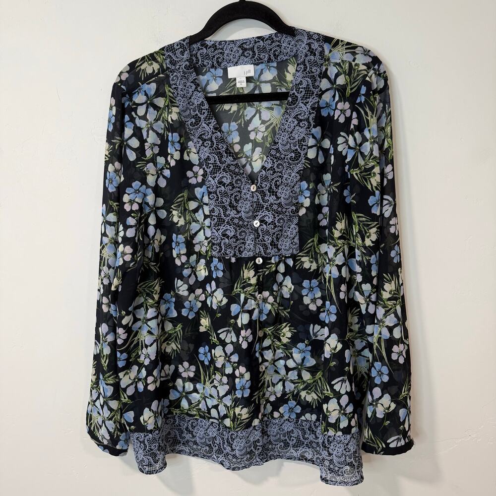 J. Jill Women's Sheer Blouse Top Shirt Floral XL Botton Front Long Sleeve
